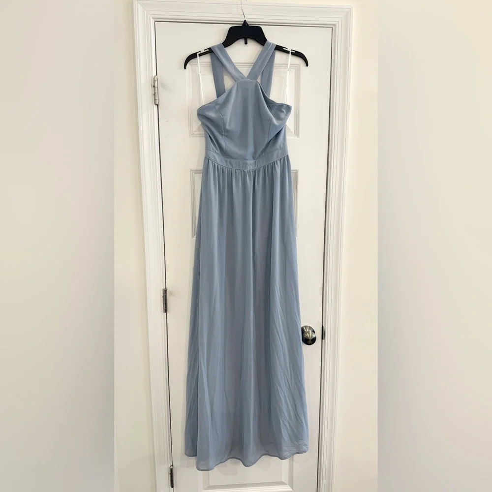 lulus dusty blue bridesmaid dresses Sleek Dusty Blue Dress - Satin Dress - Midi Dress - Dress